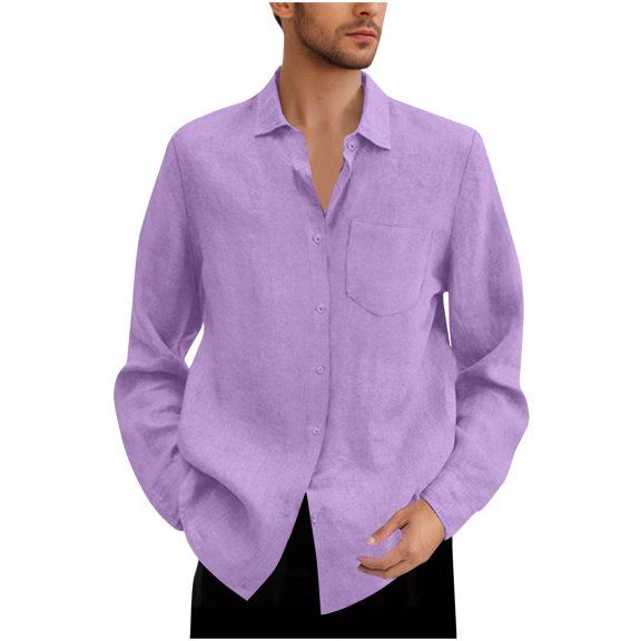 YLSDY Cotton Linen Shirts for Men Long Sleeve Button Down T Shirt Loose Fit Casual Tops Lightweight Vacation Tees Purple XL