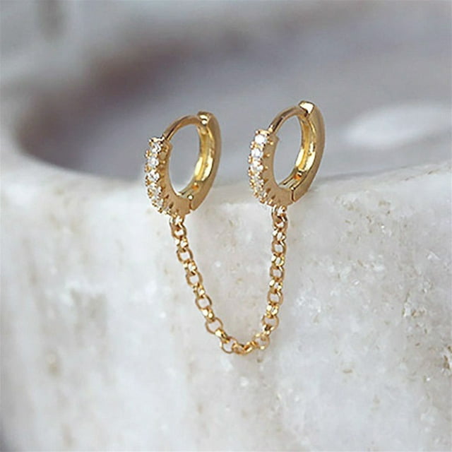 WILLBEST Aretes De Titanio Para Mujer, Aretes De Cadena Para Mujer, Aretes De Aro Con Doble Piercing, Aretes De Aro Con Circonita Cúbica Y Perla, Aretes Dobles Unidos.