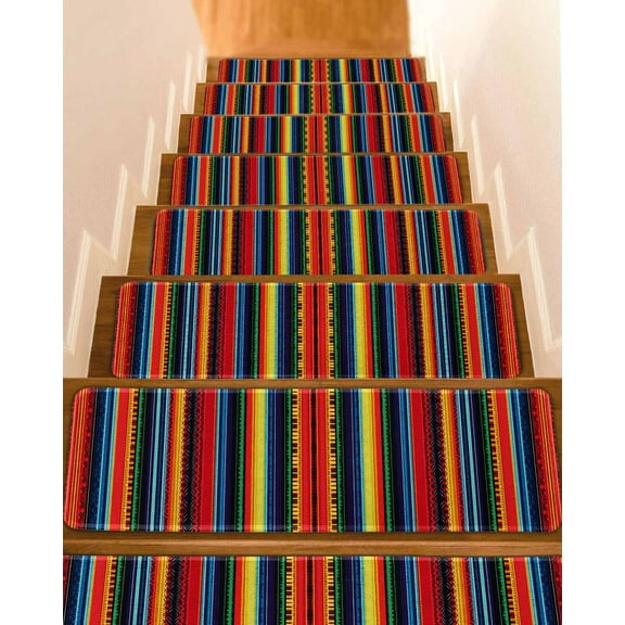 Rainbow Striped Stair Treads for Wooden Steps Indoor Runner Rug Carpet, Modern Colorful Boho Ethnic Chic Lines 4 Pieces Peel and Stick Staircase Step Treads Covers Washable Throw Door Mats, 30"x8"