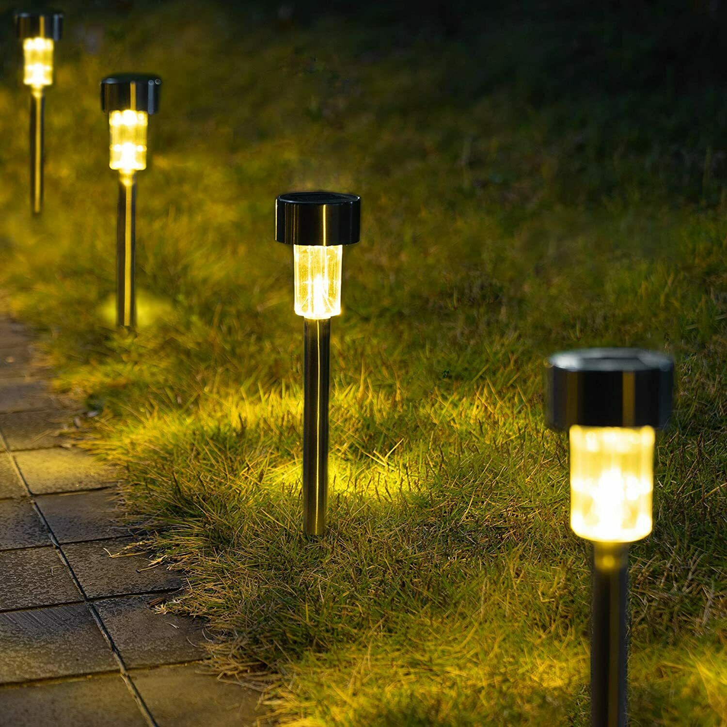 LED Outdoor Solar Lights, 10 pack Stainless Steel Outdoor Solar Lights - Waterproof, Yellow Light