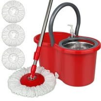 Spin Mop and Bucket, Microfiber Spin Mop & Bucket for Floor Cleaning, Dust Mop Kit with 3 Mop Heads, Floor Mop with Stainless Steel Wringer Set, Mops and buckets for floors, Red & Gray