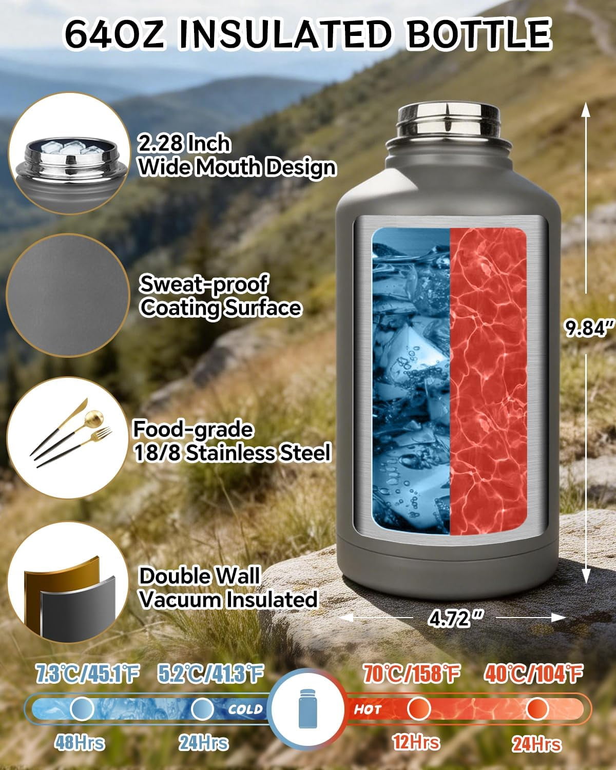 Half Gallon Water Bottle Insulated with Sleeve-64 oz Stainless Steel Water Jug with Strap Paracord Handle Metal Sport GYM Water Bottles for Men Women Hunting Hiking Travel Biking Camo CP