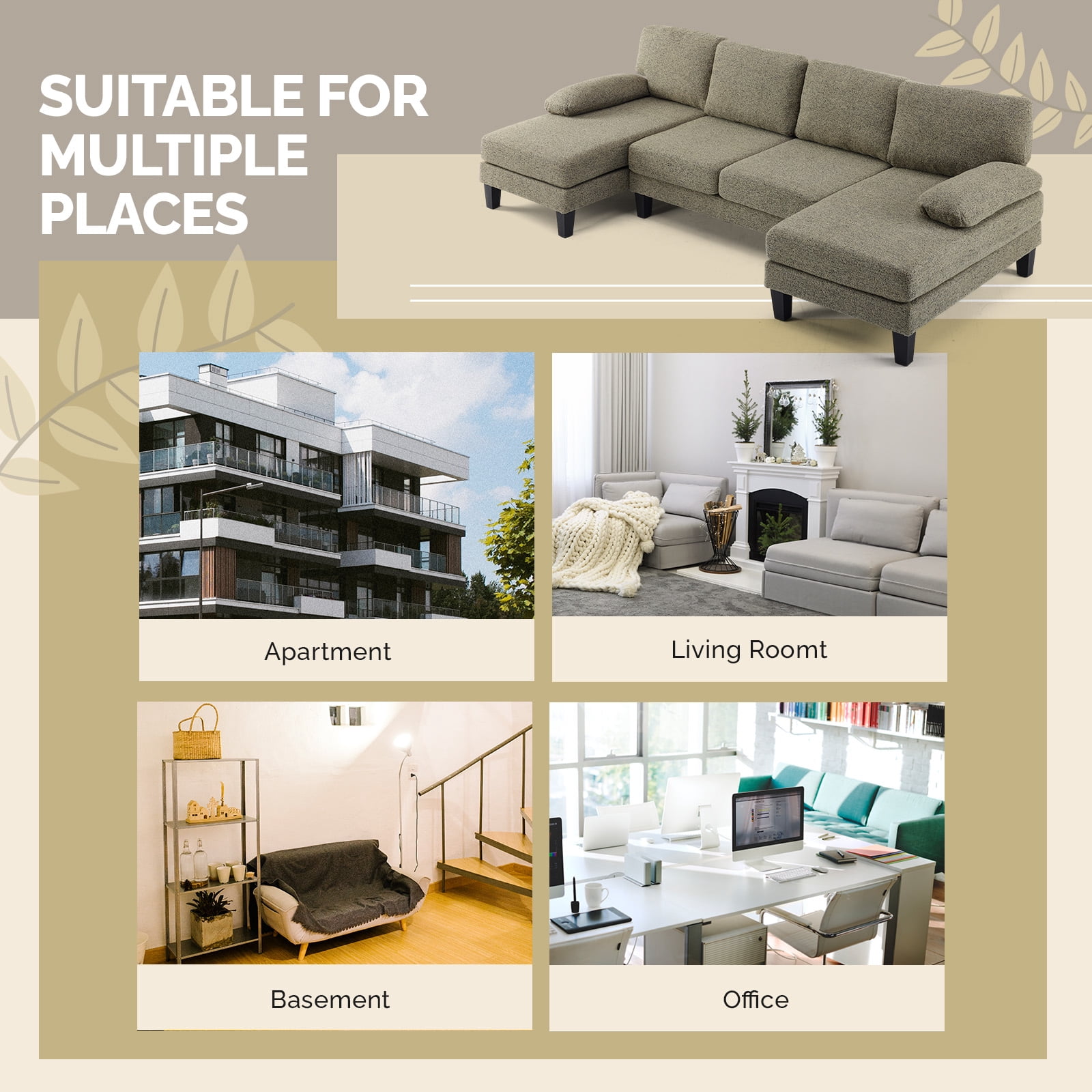U-Shaped Convertible Sectional Sofa with 2 Chaise Lounges, 4-Seater Modular Couch with Removable & Washable Chenille Covers, L-Shaped Couches for Living Room Apartment, Heavy Duty Plastic Legs
