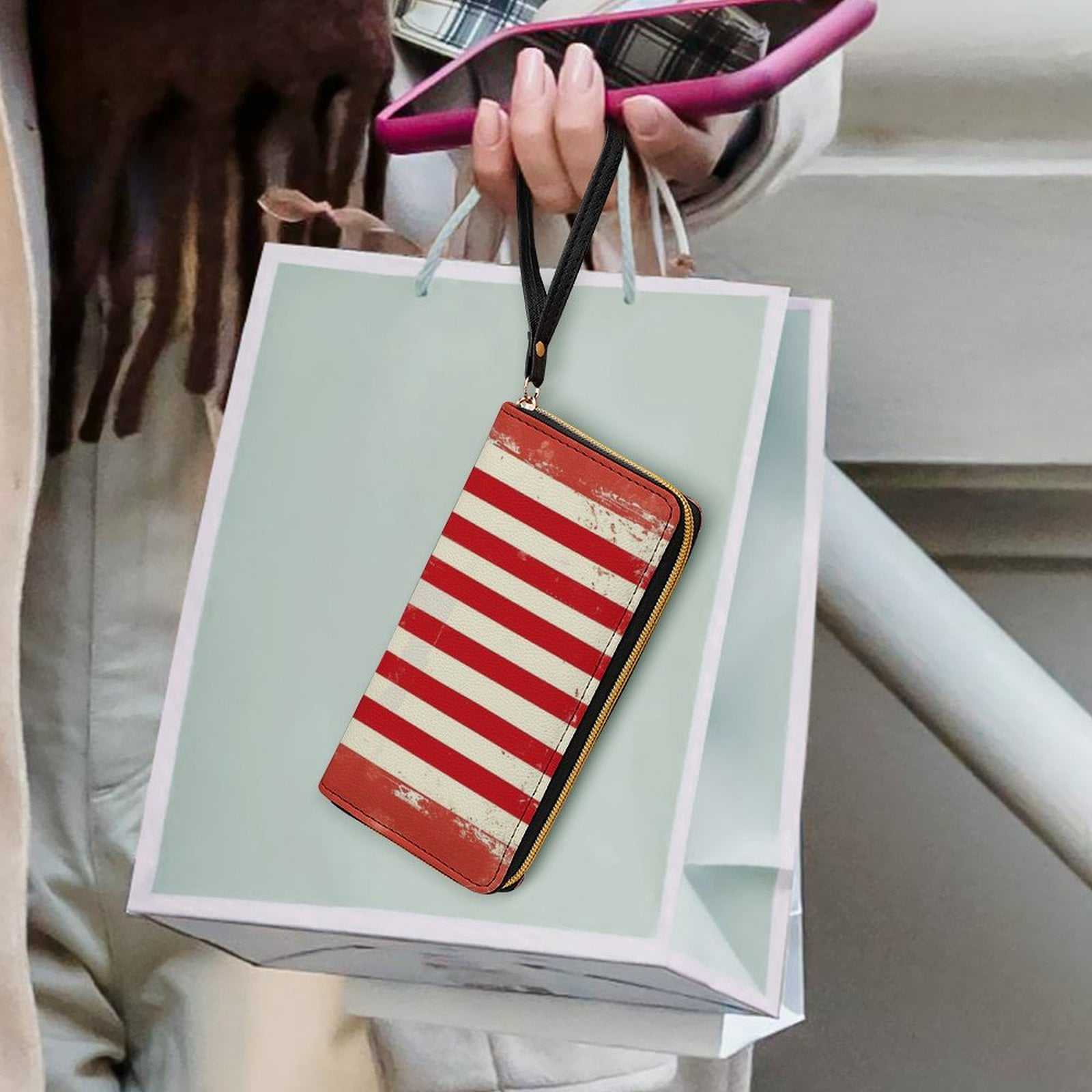 Womens Wallet Bifold Ladies Cluth Bag Wristlet Wrist Strap Long Purse American Flag Design