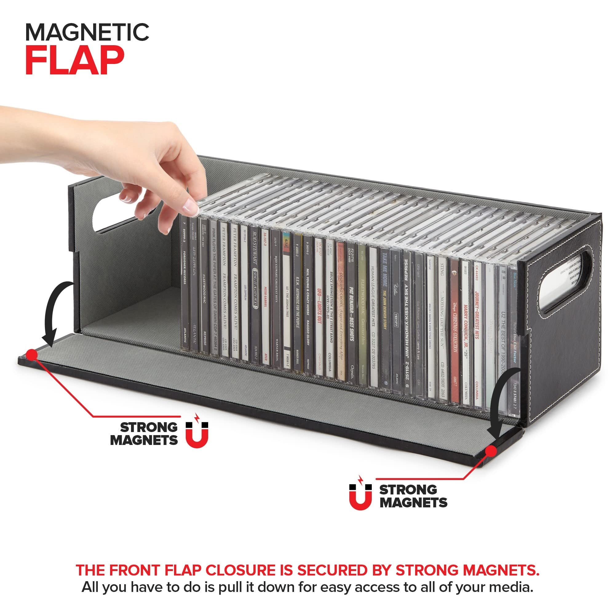 Stock Your Home 2- Pack CD Storage Box, Organizer Shelf for Movie Cases, DVDs, Cassette Tape Display Stand, Disc Holder Can Store Up to 40 CDs, Faux Leather (Black with Gray Interior)
