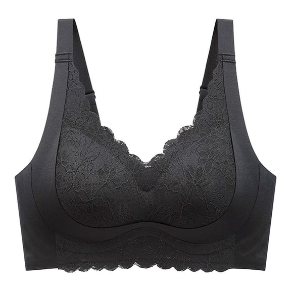 Seamless Bras for Women, Lace Wireless Supportive Bra Soft Comfortable No Underwire Full Cover Push up Bralette Black XXL