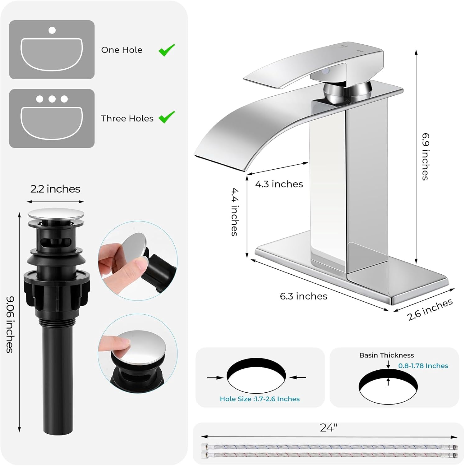 ORB Bathroom Faucets, Waterfall Bathroom Sink Faucet Modern Single Handle Bathroom Faucte 1 or 3 Hole, RV Mixer Tap Vanity Faucet - Includes Pop-up Drain Supply Hoses Deck Plate