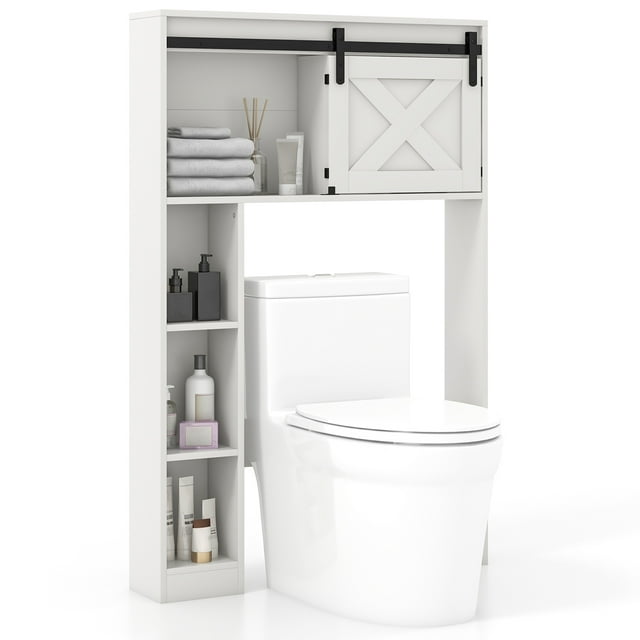 Patiojoy Freestanding Over The Toilet Storage Cabinet Bathroom Cabinet with Sliding Barn Door & Storage Shelves White