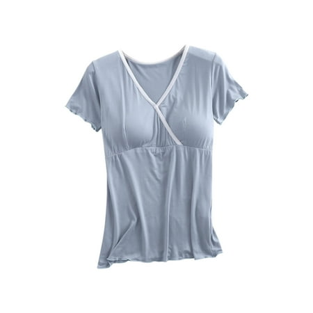 VEKDONE Clearance Maternity Tees for Women Summer Shorts Sleeve Nursing Tops Button Breastfeeding Tshirts with Built in Bra Stretchy Pregnancy Blouse Camisa de Maternidad Light Blue XXL