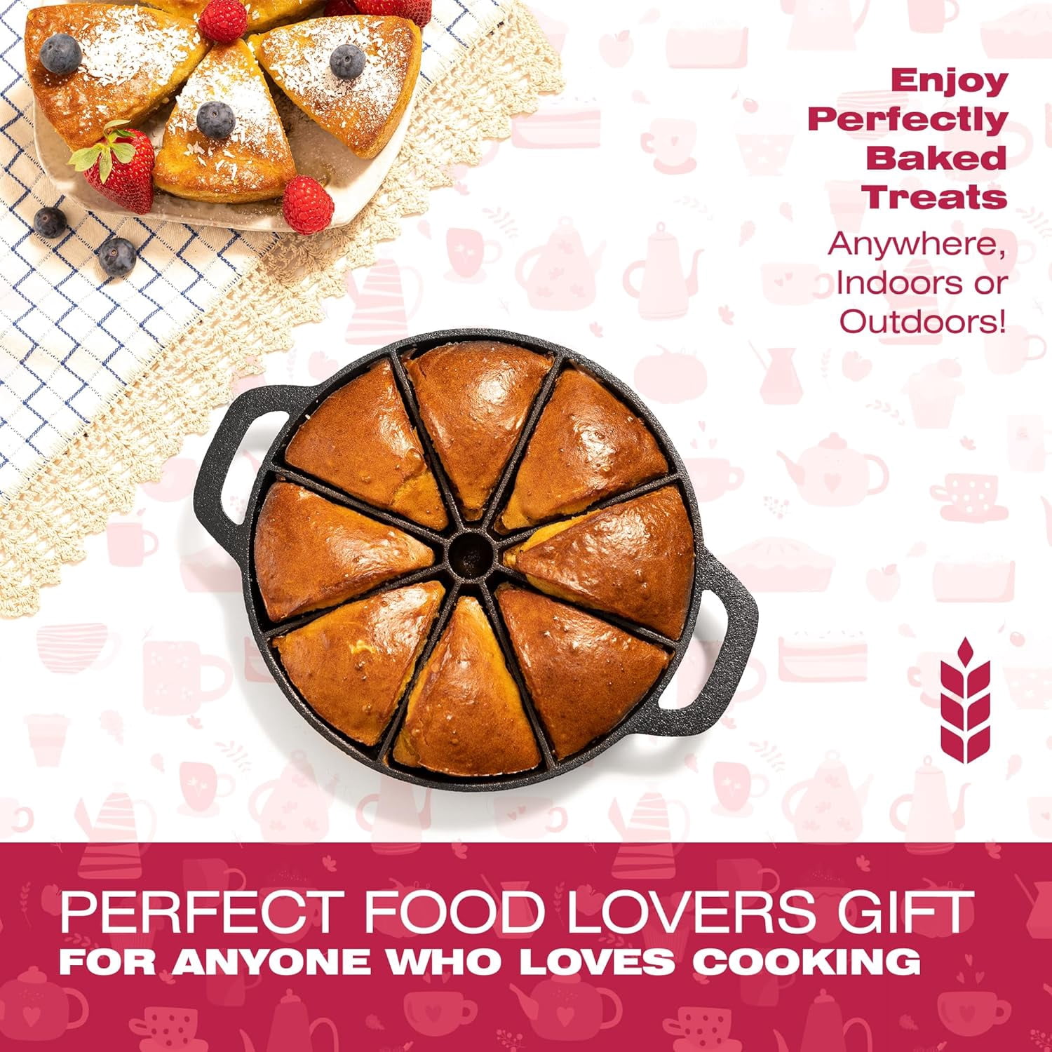 Cast Iron Scone Pan with 8-Slot Design for Baking, Cornbread & More - Includes Oven Mitts, Trivet & Oil Brush