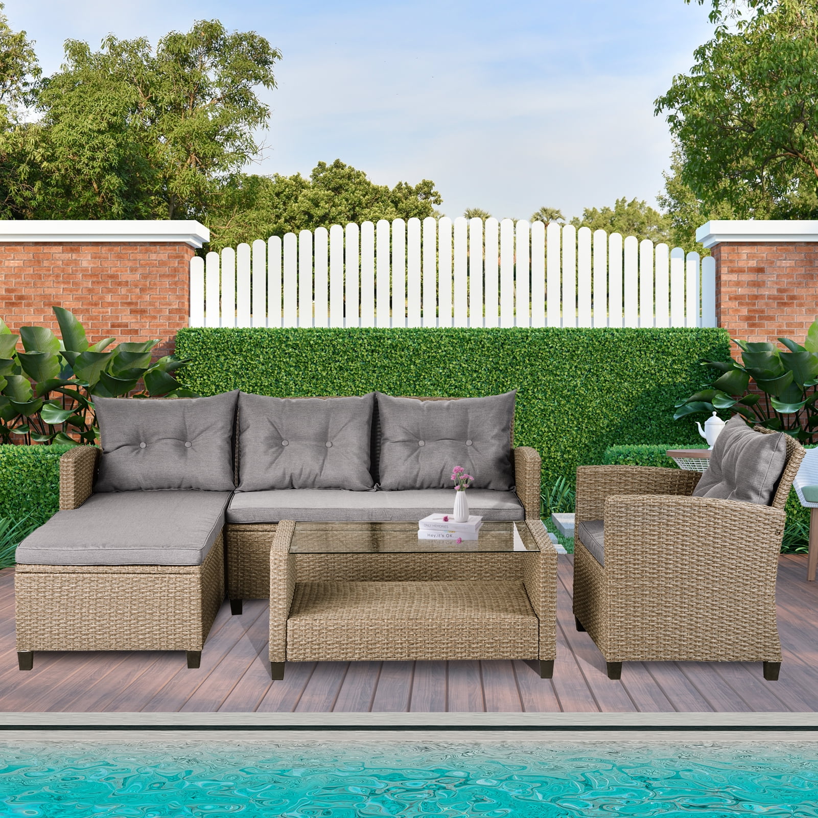 enyopro 4 Pieces Patio Furniture Sectional Set, Outdoor All-Weather Manual Weaving Wicker Conversation Set with Storage Box & Table, Rattan Sectional Sofa Set, Deck Porch Use Furniture Set, B994