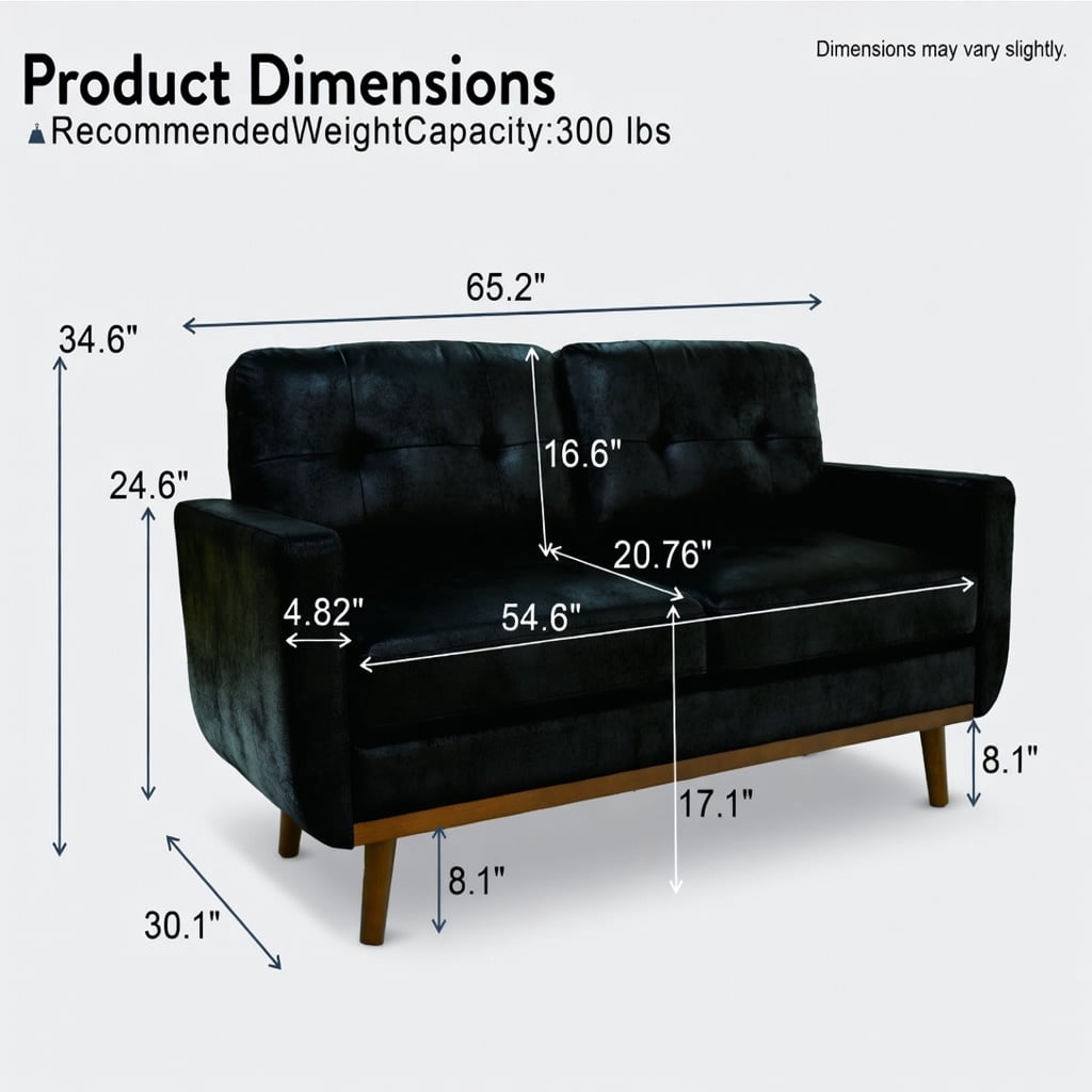 Hommoo 65" Mid-Century Modern Two-Seater Sofa, Breathable Foil Polyester Fabric, Solid Wood Legs, Tool-Free Assembly, Black