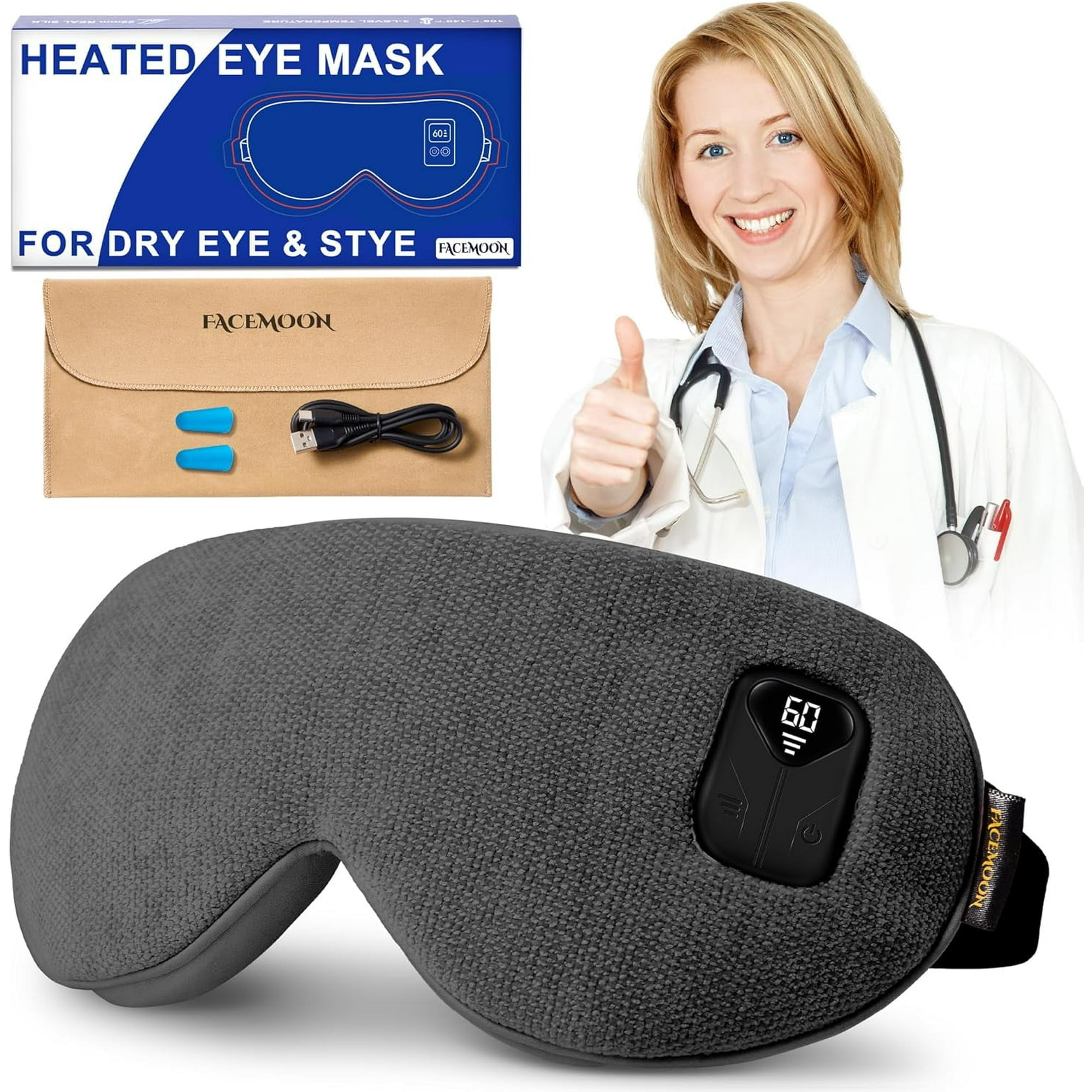FACEMOON Heated Eye Mask for Dry Eyes: Electric Warm Compress for Blepharitis Stye Tired Eyes - Cordless Moist Heat Relief Heating - Stable Temp 1500 Mah Rechargeable Washable Gray