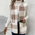 thumbnail image 4 of EchfiProm Brown Women Plush Sleeveless Jacket Checkered Fleece Open Front Pockets, 4 of 8