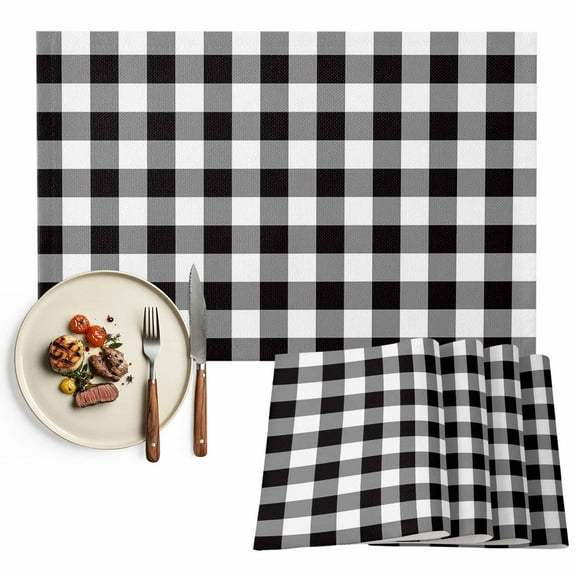 Black White Checkered Plaid Placemats Set of 8, Rustic Farmhouse Pattern Table Mats Washable Heat-Insulation Non-Slip Place Mats for Kitchen Dinner Table Indoor Outdoor Decor,13x19 Inch