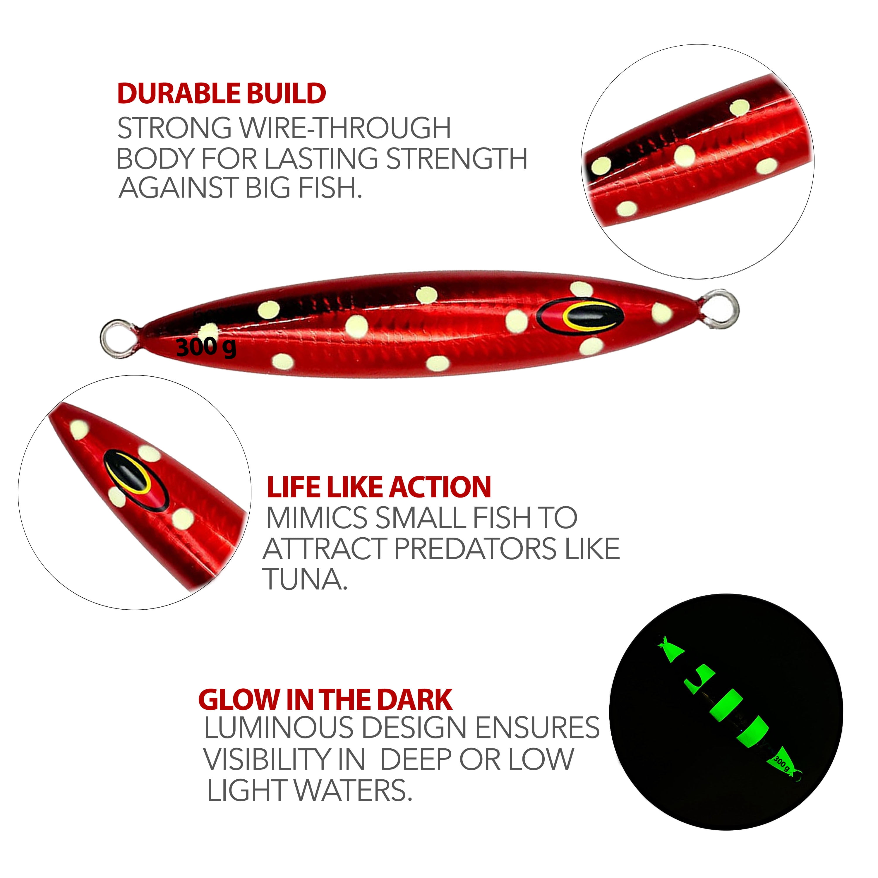 5.5" tuna jigs,300g deep drop saltwater jigging lures, 3 pcs Red Polka Dot, for offshore fishing & vertical jigging, includes wire-through design, ideal for big game tuna & bottom fishing
