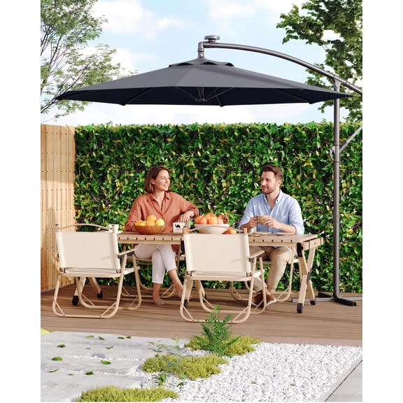 10FT Solar LED Cantilever Patio Umbrella, Fade Resistant UV Protection Offset Umbrella with Infinite Tilt & Easy Lift, Cross Base Outdoor Market Umbrella for Deck Pool Garden Backyard