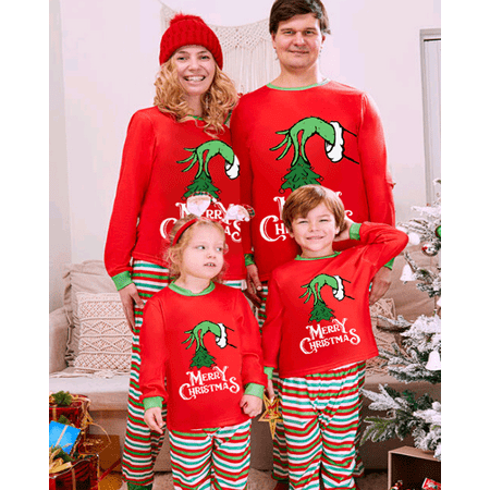 

Red Christmas Pajamas For Family Christmas Cartoon Long Sleeve Tops and Plaid Pants Sleepwear