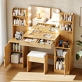 thumbnail image 2 of 53" Large Makeup Vanity Set with Mirror and Lights, NEORIVER Big Brown Makeup Vanity Desk with Chair and Power Outlet, 3 Color Lighting Modes & Adjustable Brightness for Bedroom, 2 of 9