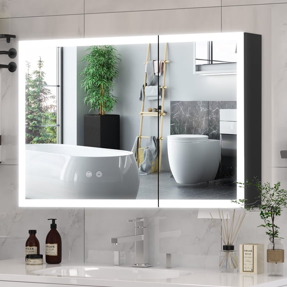 Teousev 35.4 x 23.6 Inch LED Medicine Cabinet with Lights, Black Aluminum Bathroom Mirror Cabinet with Storage, Anti-Fog, Memory Function