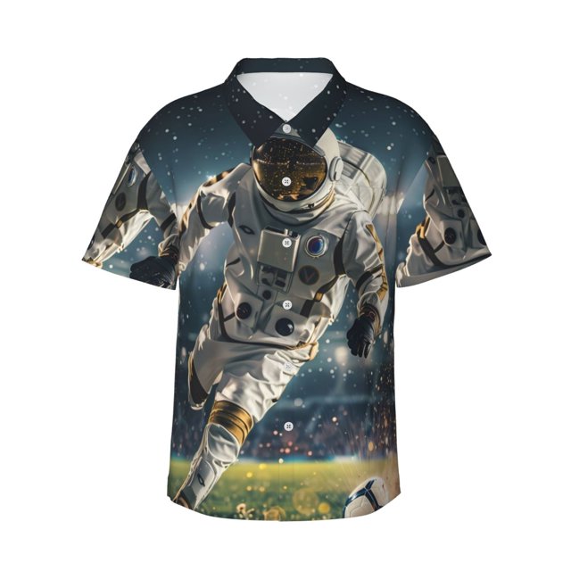 Fotbe Astronaut Soccer Field Camisa Hawaiana para Hombre Unisex – Camisa Casual de Verano con Botones de Manga Corta de Algodón y Lino,Small
