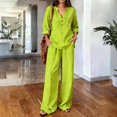 thumbnail image 2 of Women Lounge Sets 2 Piece Cotton Linen Outfits Summer Casual Long Sleeve V Neck Pullover Top Wide Leg Pants Matching Sets Trendy Clothes Going Out Suits for Womens Green L, 2 of 8