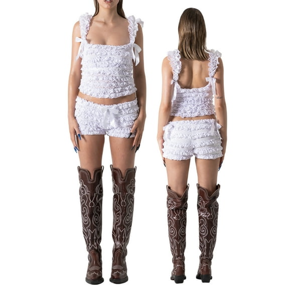 SUNSIOM Women’s Casual 2 Piece Outfits Sleeveless Square Neck Ruffle Tank Tops + Shorts Set Loungewear