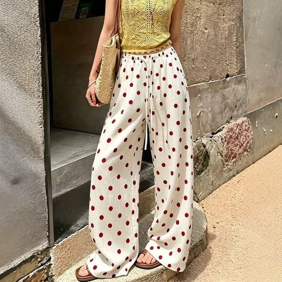 Flowy Pants for Women Polka Dot Print Drawstring High Waist Wide Leg Pants Loose Summer Casual Linen Palazzo Trousers