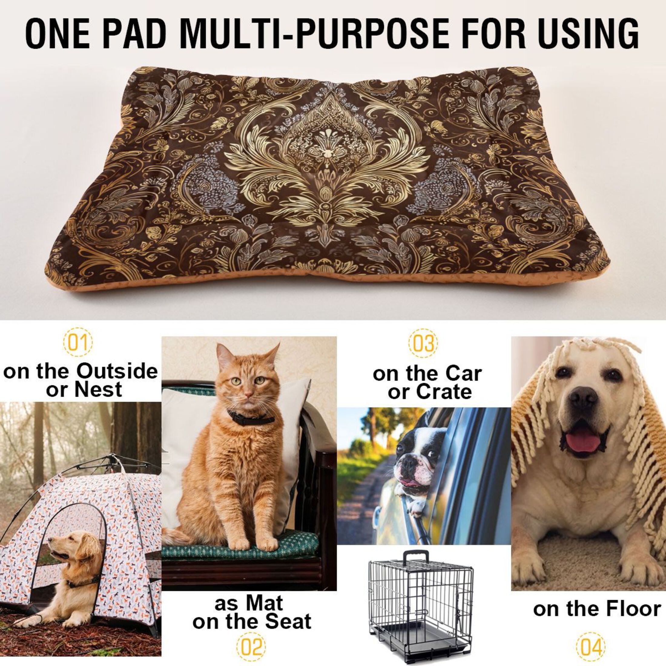 Cozy Mat Pet Bed Indoor Outdoor Warm Soft For Cat Dog Puppy(S/M) A Gold Foil Damask Texture