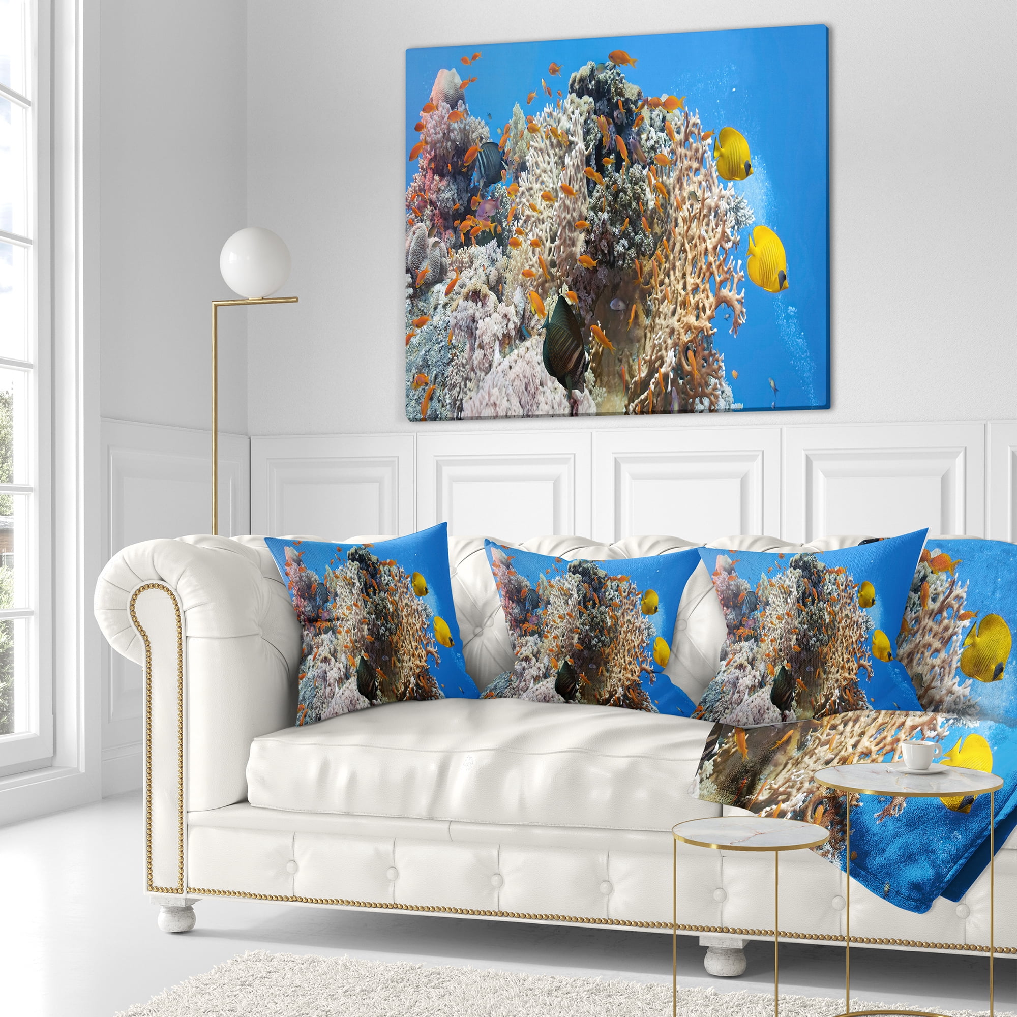 Designart Coral Scene Panorama - Photography Throw Pillow - 18x18