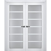 Interior Solid French Double Doors Frosted Glass | Veregio 7602 White Silk | Wood Solid Panel Frame Trims | Closet Bedroom Sturdy Doors -36" x 96" (2* 18x96)