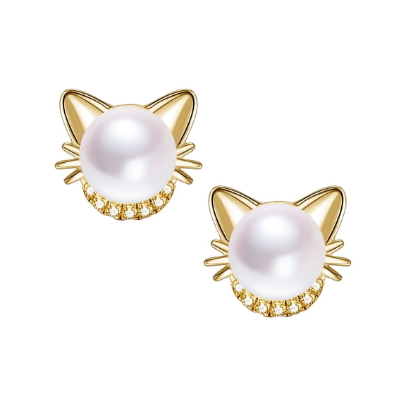 Gold-Plated 925 Sterling Silver Pearl Earrings Cute Cat Stud Earrings for Women