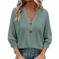 thumbnail image 3 of 3/4 Sleeve Tops for Women Babydoll Shirts Button V Neck T Shirts Hollow Out Eyelet Tunic Blouses Top Dressy Casual Blouses Trendy Loose Fit Tees Shirt Going Out Tops Plus Size, 3 of 6