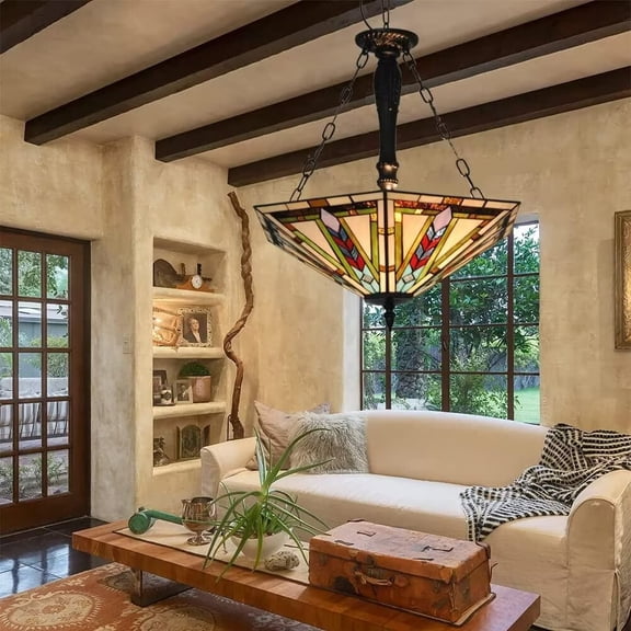 FINE MAKER 21 inch Tiffany painted chandelier, dining room 5 light vintage style art chandelier