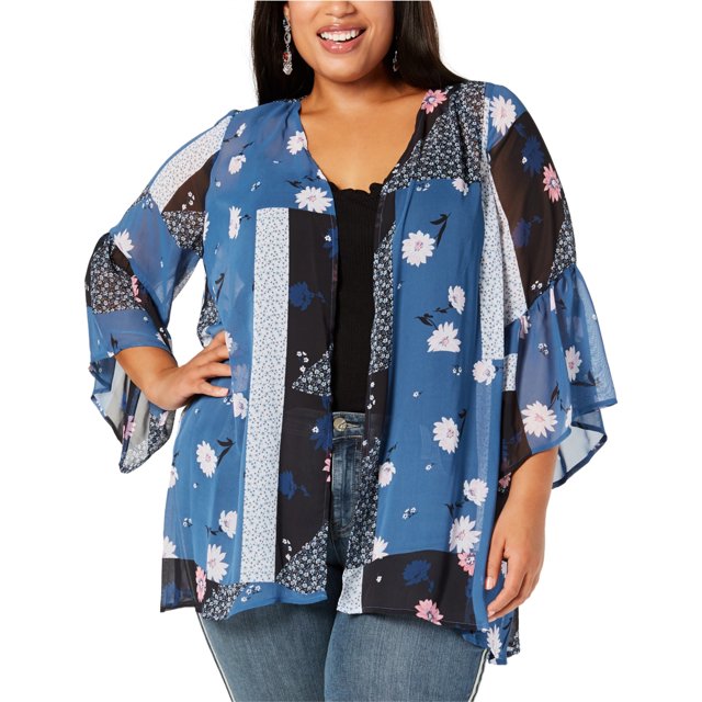 Style & Co. Blusa tipo kimono con estampado mixto para mujer, azul, 2X