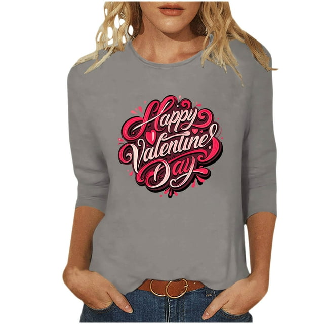 FMFYFH Hauts de la Saint-Valentin à Manches 3/4 pour Femmes, T-Shirts à Col Rond, Tunique Ample Décontractée
