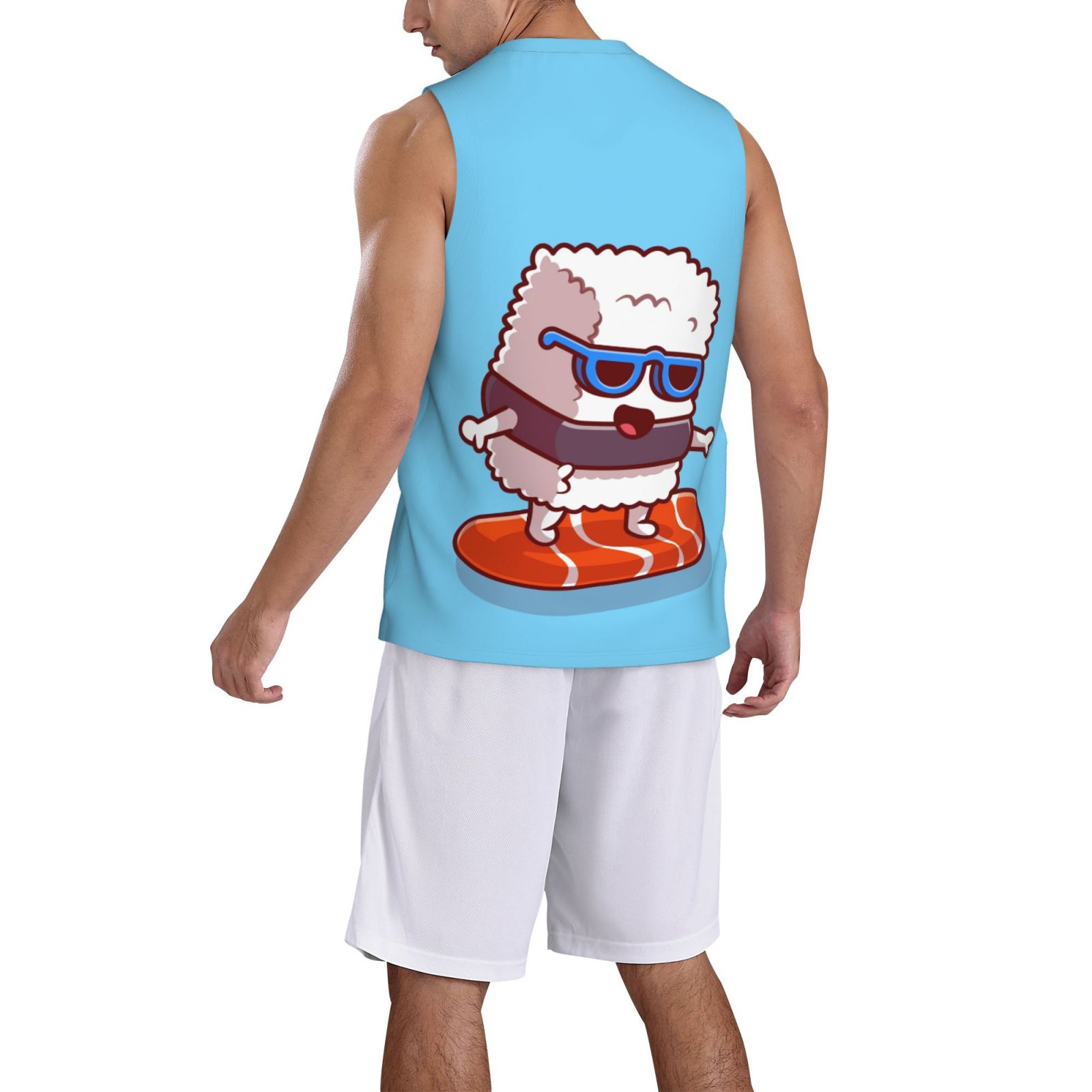 Xecao Sushi Salmon Surfing print basketball shirt for both men and women, a unisex basketball jersey perfect for theme parties-3X-Large