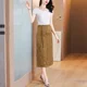 thumbnail image 4 of Falda estilo chino de cintura alta, de longitud media y reductora de edad de alta calidad para mujer, falda estilo A con abertura lateral y diseño de jacquard vintage, 4 of 5