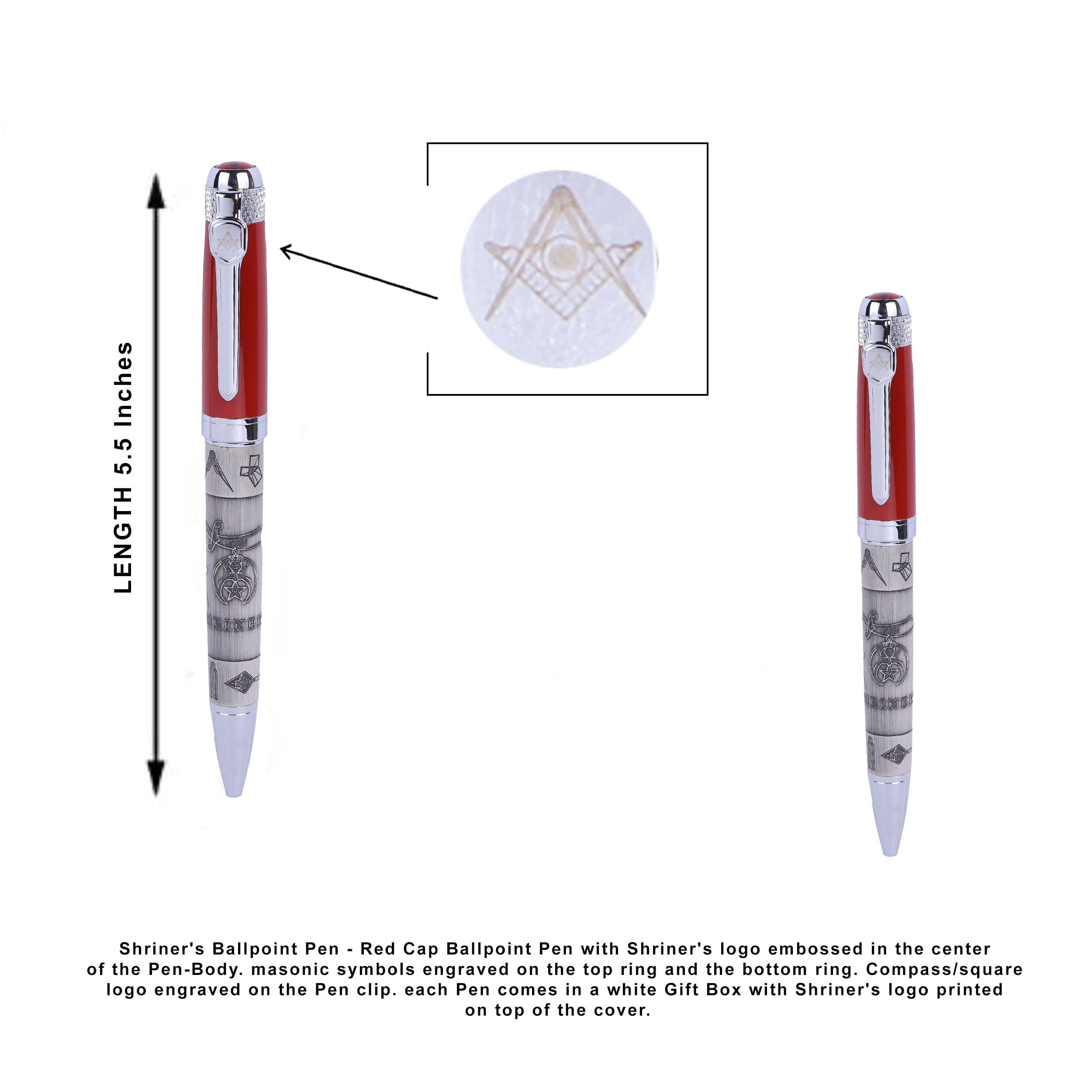 Trendy Zone 21 Shriner's Official Black Ink Ballpoint Pen, With Embossed Logo and Masonic Symbols - Gift Set for Members of the Masonic Order or Collectors