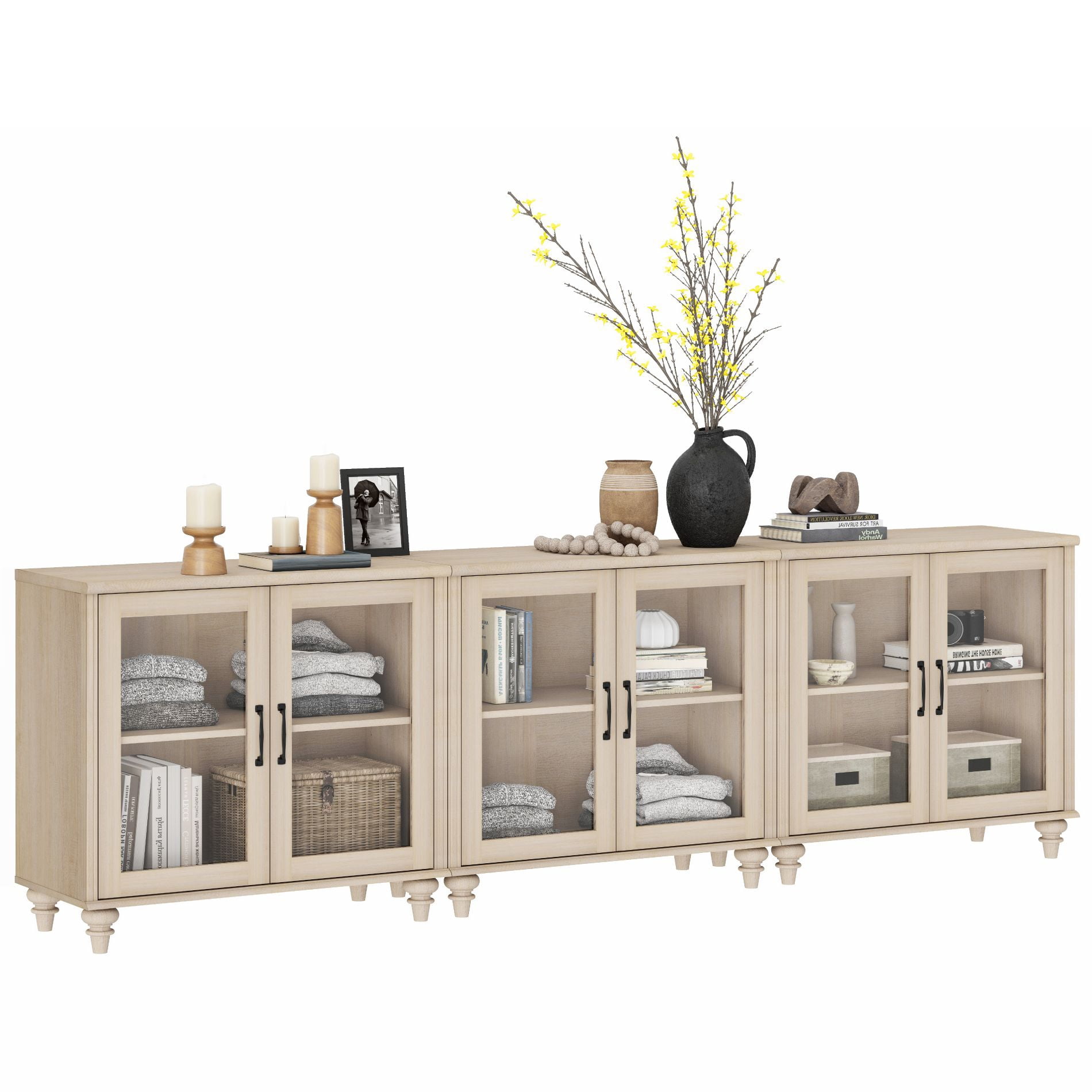 Light Beige Farmhouse TV Stand for 85 inch TV with 6 Glass Doors