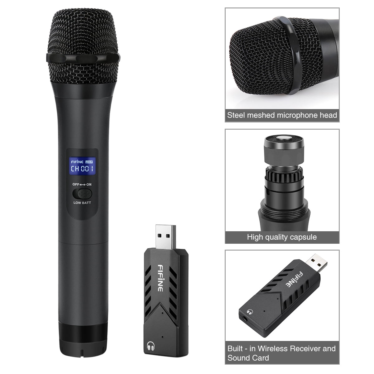 Fifine Wireless Microphone, USB Microphone,UHF Handheld Dynamic Microphone  with USB Receiver Output to Mac or PC For Singing,Podcasting and Recording  