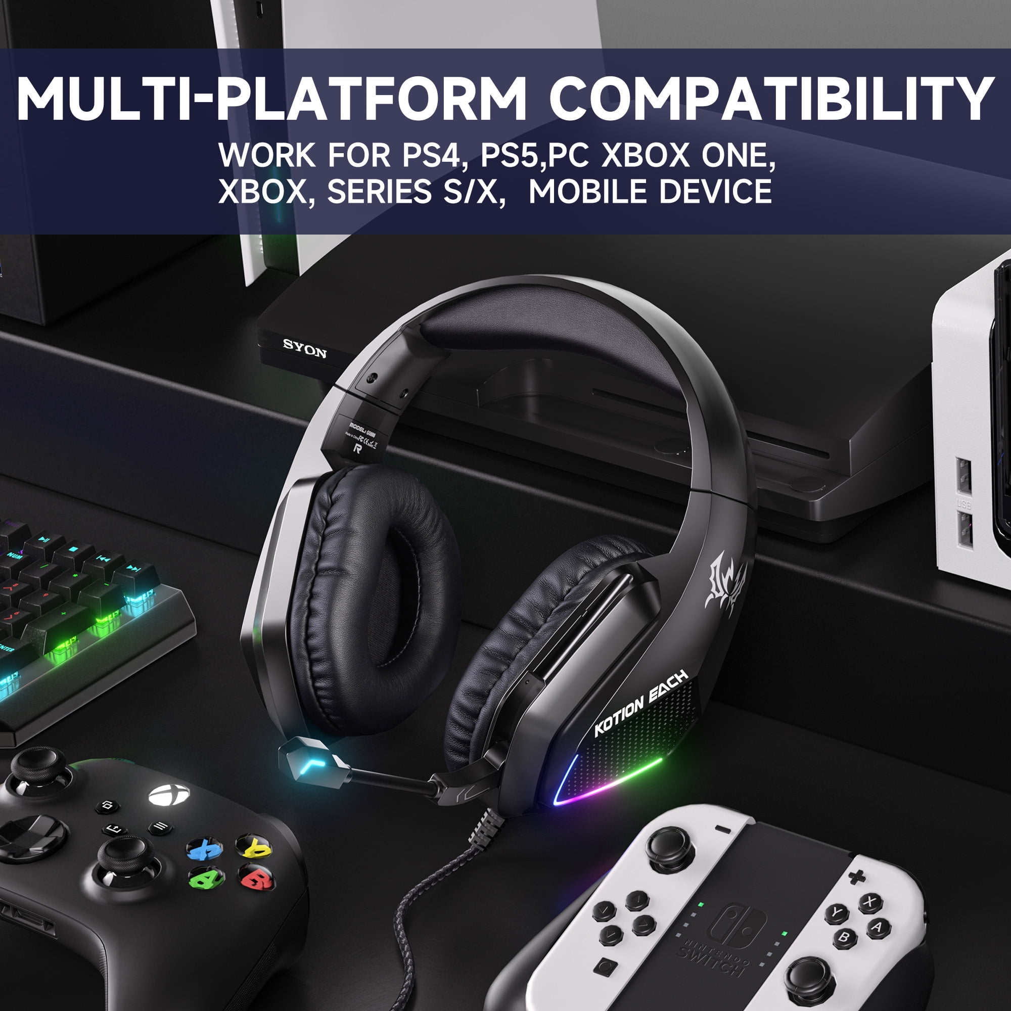 Gaming Headset for PS5, PS4, Xbox Series X/S, Xbox One, PC, Wired Over Ear Gaming Headphone with Noise Canceling Mic & Stereo Bass Surround Sound & LED Light - Black