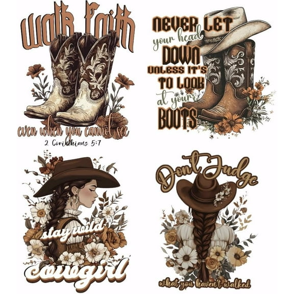 4PCS Cowgirl Hat Boots Iron on Transfer Paper Motivational Text DIY Heat Transfer Sticker Washable Iron-on Decals for T Shirts DTF Transfers Ready to Press for Clothing Backpacks Jackets Colorful DIY