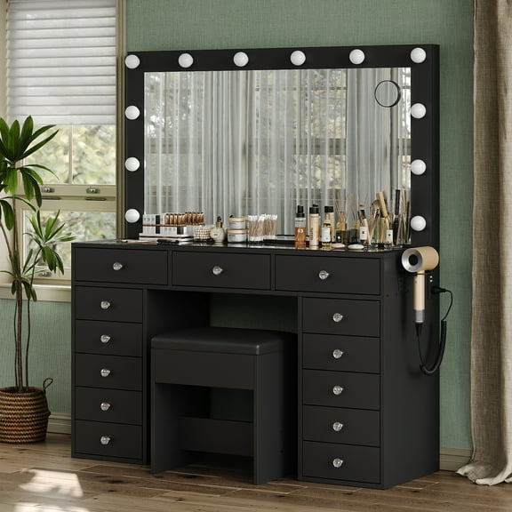 13 Drawers Vanity Desk, 47''W Makeup Vanity with Power Outlet, Vanity Table with Mirror and 12 LED Bulbs, 3 Color Lighting Modes, Glass Top, Dressing Table for Bedroom ,Black