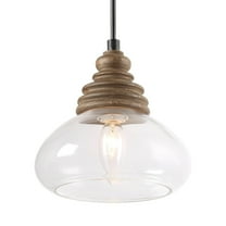 LNC Distressed Gray Wood and Black Dome LED Mini Pendant with Clear Glass