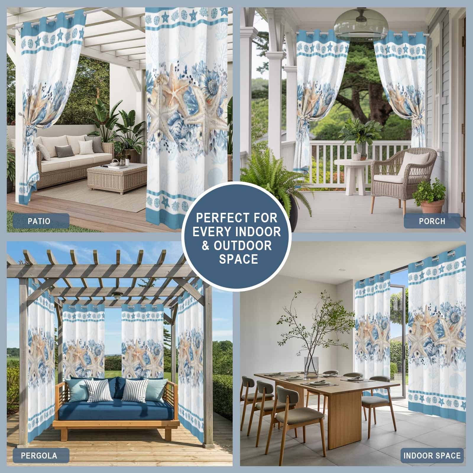 Blue Coastal Outdoor Curtains for Patio, Eucalyptus Leaves Starfish Shells Summer Sunshade Privacy Drapes Grommet Waterproof Outside Curtains for Porch/Cabana/Balcony 54"x 108", 1 Panel