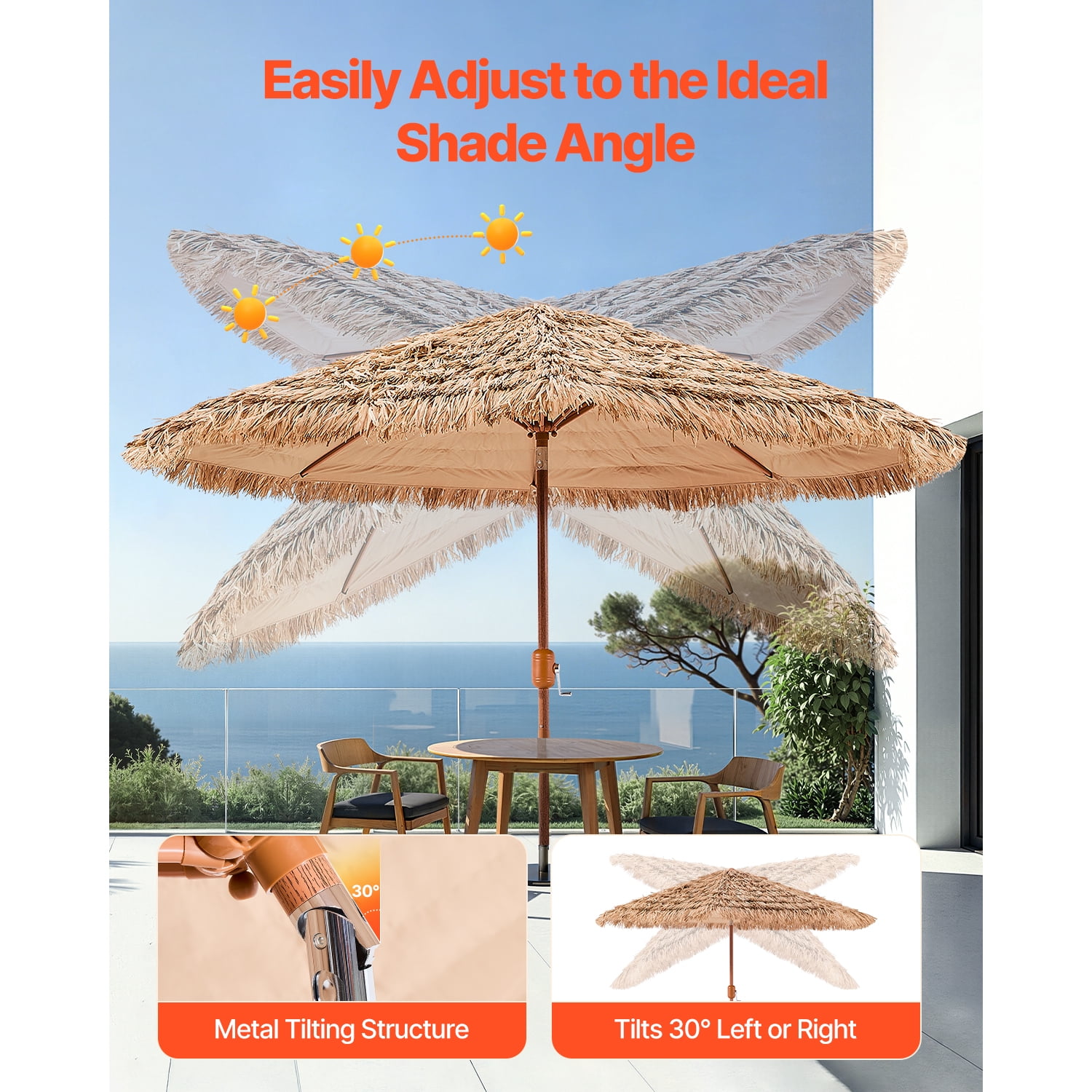 KFFKFF 9 ft Thatched Patio Umbrella with Tilt, Hawaiian-Style Beach Parasol Featuring Durable PP Thatch and 8 Metal Ribs, Grass Umbrella for Poolside, Backyard, Garden, Patio, and Beach