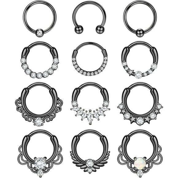 shiyou-12pcs Septum Jewelry 16g Daith Earrings Hinged Hoop Nose Rings Septum Clicker Cz Stainless Steel Cartilage Earring Helix Tragus Daith Piercing Jewelry