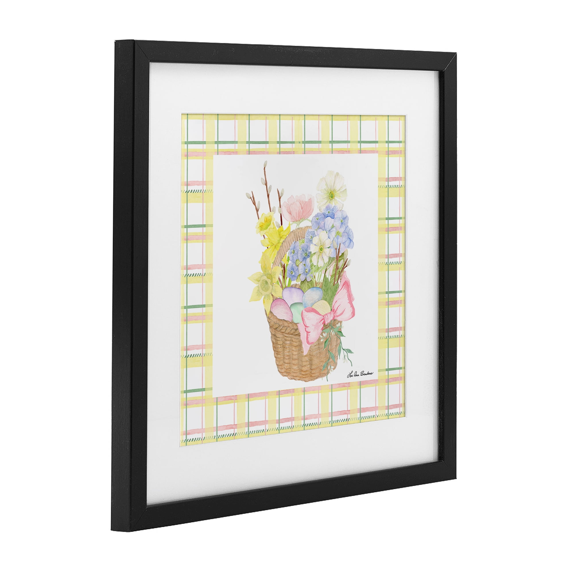 Spring Basket on Plaid Black Framed Print Under Glass, design by Lee Ann Sanders