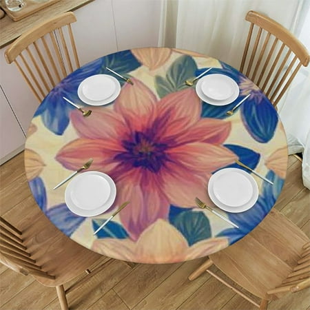 

Ullo0ord Blue Purple Flower Table Cloth Round Fitted Tablecloths with Elastic Edge Botanical Blossom Floral Watercolor Wipeable Waterproof Table Cover for Kitchen Wedding 42 -46